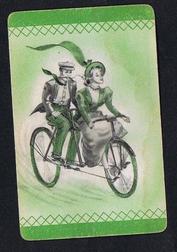 Everything Bicycles - : Couple on a Lady`s Front Tandem, notice the Captain`s cranks are on the front hub (Green color-Barclay)&nbsp; : Cards-Playing (playing cards with bicycle designs)